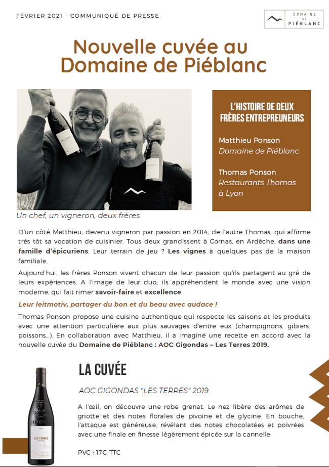 Restaurant Thomas - Nouvelle cuvée au Domaine de Piéblanc présentée par Matthieu, le frère de Thomas Ponson